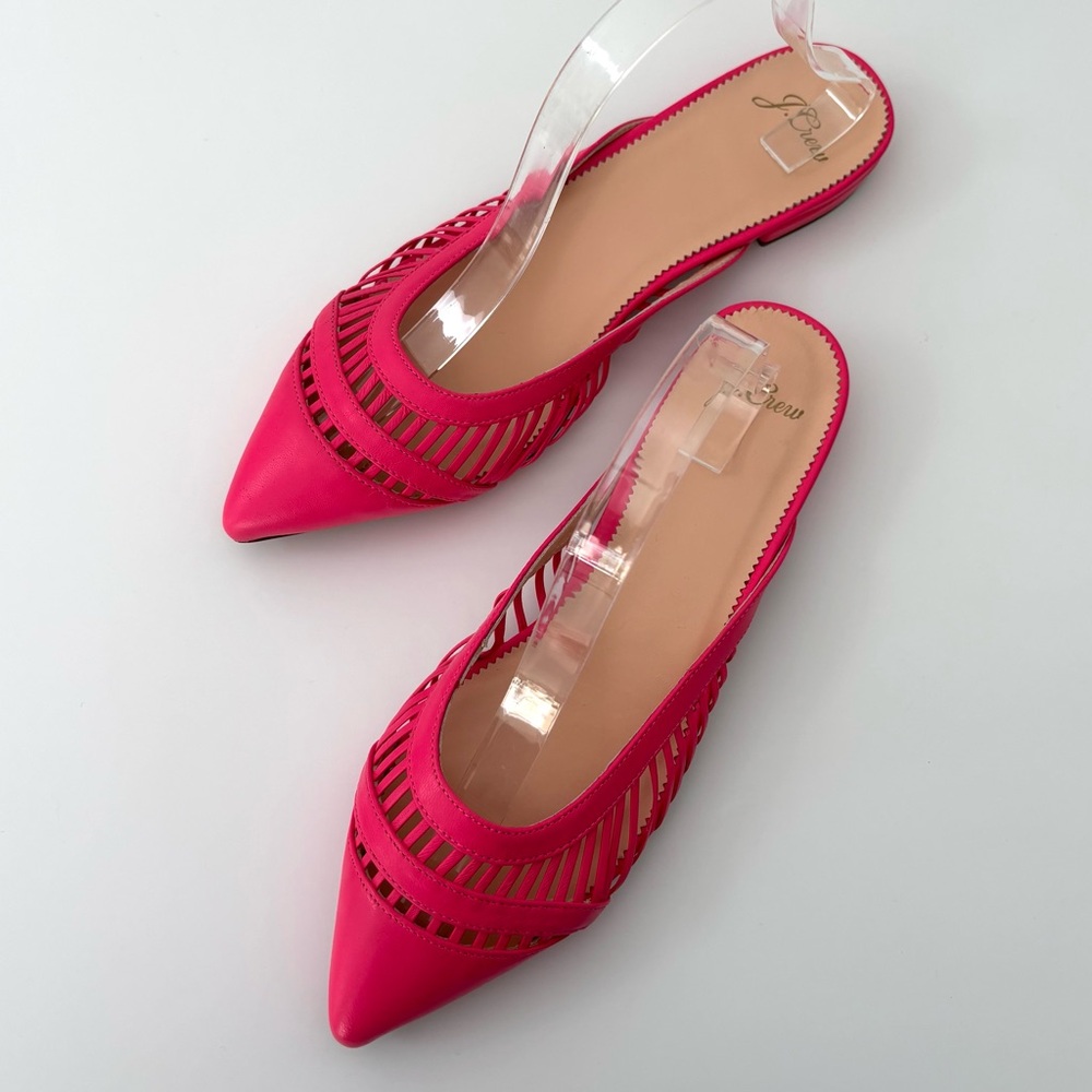 J Crew Gwen Leather Cage Mule NWT Bright Azalea Pointed Toe Flat Heel 8.5